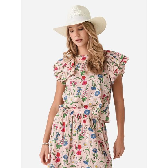 NWT Sur La Vague Women's Ruffle Sleeve Top in Pink Botanical Floral Print OS - Picture 2 of 10